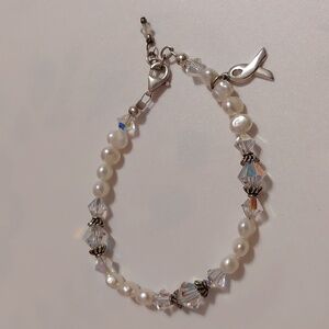 STC Sterling Freshwater Pearls AB Crystals Bracelet with Cancer Awareness Ribbon